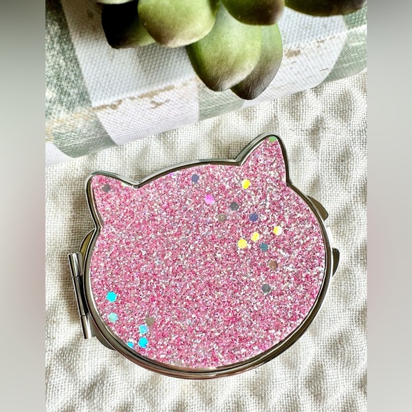 New Pink & Holographic Glitter Cat Double Mirror Purse Compact - Picture 1 of 5